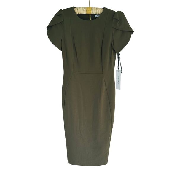 NWT Calvin Klein Tulip Sleeve Sheath Dress Size 4 Olive Green Career Cocktail - Picture 2 of 9